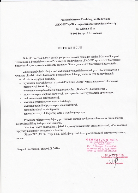 Dokument z referencją od Gimnazjum nr 4.